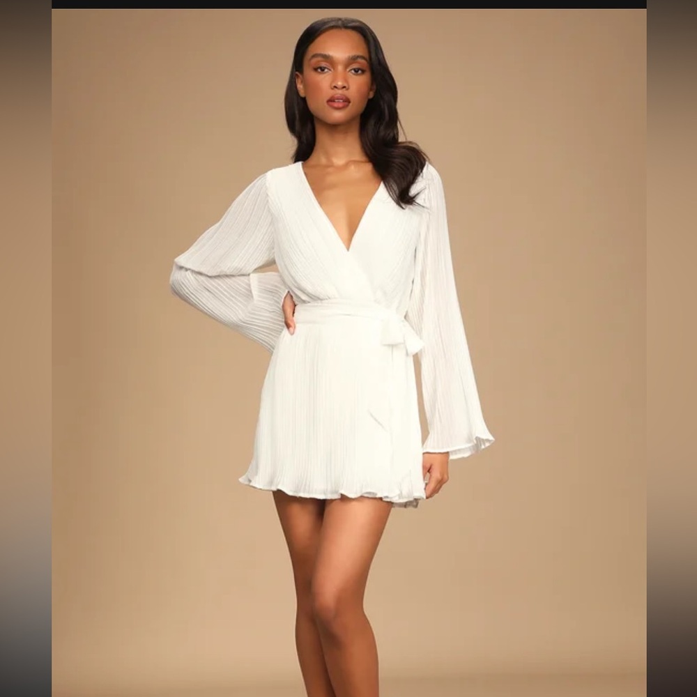 Lulu’s Embrace Your Beauty Ivory Pleated Long Sleeve Skort Romper